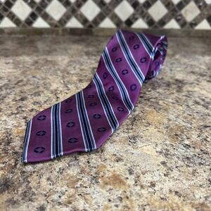 Lands End Tie in Burgundy Blue Stripe 100% Silk Necktie Men's Classic